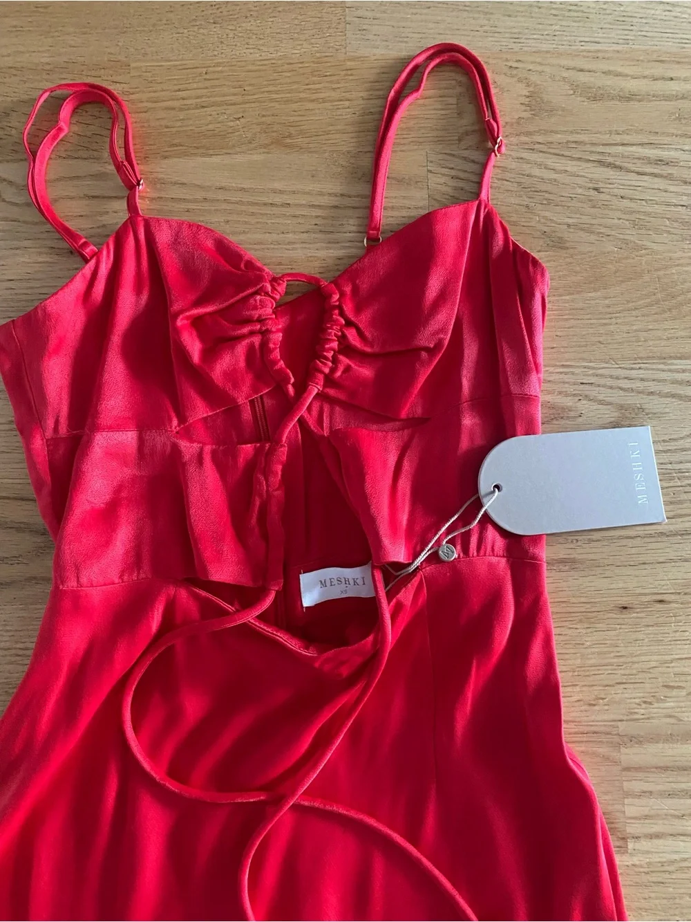 Meshki Red Satin Lace-Up Cutout Slip Dress